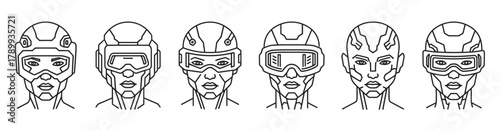Set of futuristic human faces with advanced headgear. Modern outline avatars for technology and gaming interfaces. Ideal for virtual reality and artificial intelligence concepts