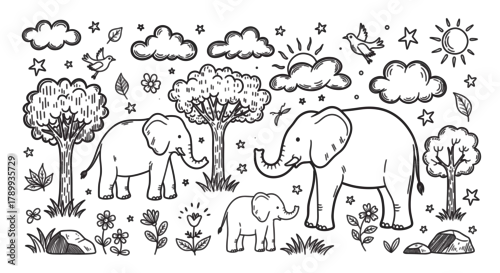 Obraz Hand drawn elephant family with trees and clouds. Cute animal characters for children's coloring book. Simple outline elements for a playful nature scene