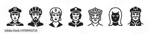 Set of diverse professional and royal avatars. Includes male and female adults representing various occupations. Minimalist black and white icons for user profiles or web design