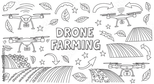 Hand drawn collection of drone farming elements in a doodle style. Outline icons of quadcopters and fields for smart agriculture and precision farming concepts