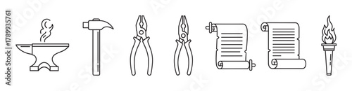 Black outline icons of various tools and historical elements. Featuring an anvil, hammer, pliers, scrolls, and a burning torch. Ideal for craft, history, or achievement related concepts