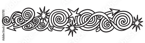 Abstract decorative border with dynamic swirls and spirals. Hand drawn graphic element featuring stars and arrows in a chaotic pattern. Monochrome line art for page dividers