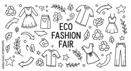 Doodle banner for an eco fashion fair promoting sustainable and conscious style. Hand drawn collection of recycled clothing icons and natural plant elements