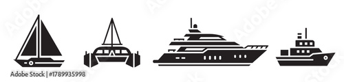 Set of various boat and ship icons in a simple silhouette style. Includes sailboat, catamaran, luxury motor yacht, and tugboat for maritime transportation concepts