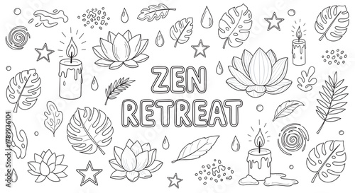 Hand drawn zen retreat collection with lotus flowers, burning candles, and tropical leaves. Outline doodle elements for spa, wellness, meditation, and mindfulness concepts