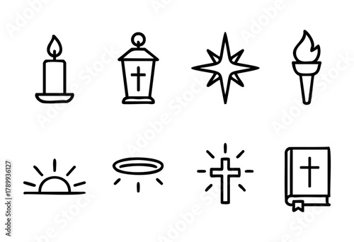 Set of eight hand-drawn line icons related to faith, religion, and spirituality. Includes candle, lantern, star, torch, sun, halo, cross, and bible. Perfect for religious design projects.