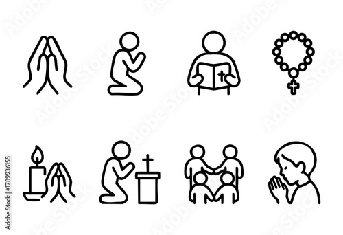 A set of eight line art icons depicting various aspects of prayer and faith, including praying hands, kneeling figures, reading the bible, a rosary, a lit candle, and a family praying together. 