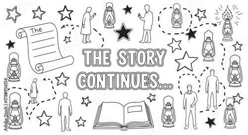 The story continues concept with people on a narrative journey. Hand drawn doodle set with lanterns, stars, and an open book for storytelling, adventure, or history themes