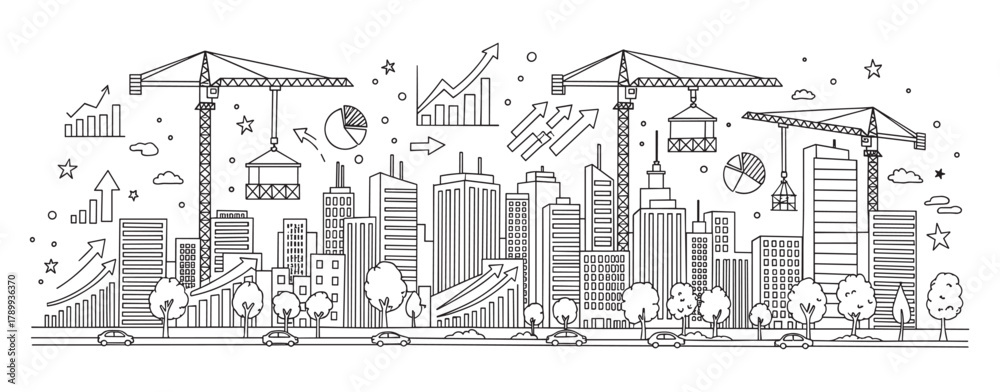 Obraz premium Urban development and city construction with cranes building skyscrapers. Business growth concept with financial charts and graphs. Doodle line art banner for real estate themes