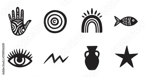 Hand drawn collection of ethnic and tribal symbols in a minimalist style. Set of ancient spiritual icons including hamsa, evil eye, rainbow, fish, star, and amphora
