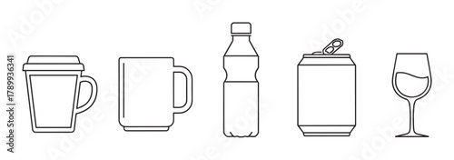Outline icons of various beverage containers. Includes a coffee cup, mug, plastic bottle, soda can, and wine glass. Perfect for menus, web design, or infographic elements