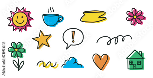 Set of cute colorful doodle icons for kids and creative projects. Hand drawn elements collection with sun, flower, heart, and house for fun design concepts and decoration
