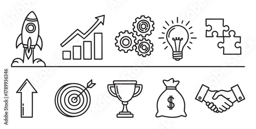 Business startup and success icon set for project development. Minimal line art collection with symbols for growth, strategy and achievement. Outline elements for marketing concepts