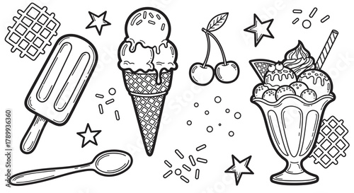Hand drawn set of summer desserts and ice cream icons in a doodle style. Black and white line art collection with a cone, popsicle, sundae, and waffle for a coloring book or menu design