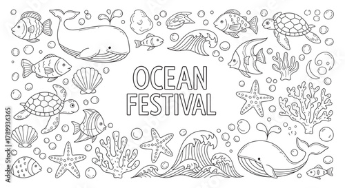 Ocean festival concept with cute sea animals in a doodle style. Hand drawn black and white outline for kids activity book. Cartoon underwater world collection for coloring pages