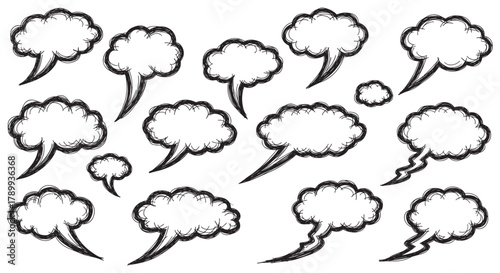 Collection of hand drawn speech bubbles in a sketchy doodle style. Empty comic thought clouds and message balloons for dialogue and communication concepts