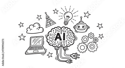 Artificial intelligence concept with a digital brain and technology icons. Hand drawn doodle set for machine learning and robotics presentations. Sketch elements include robot and laptop