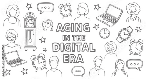Aging in the digital era concept with hand drawn doodle icons. Collection of diverse people, clocks, and laptops representing technology and the passage of time