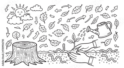 Ecology concept with hand drawn elements showing the nutrient cycle and reforestation. Hands plant a new tree while leaves from an old stump decompose to enrich the soil