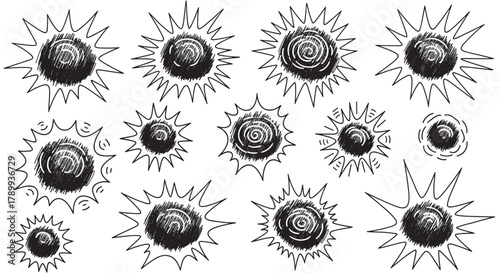 Collection of sketchy comic book explosion icons for sound effects. Hand drawn doodle starburst and bang shapes for creating dynamic and energetic graphic designs