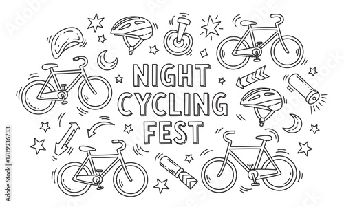 Night cycling fest lettering with a collection of hand drawn bicycle and equipment icons. Outline doodle design for a community sports event or a creative coloring page