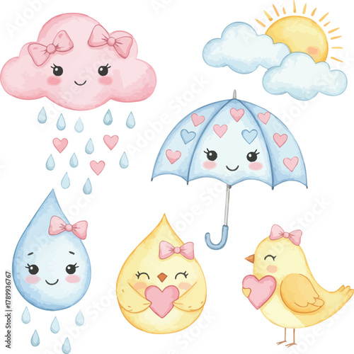 Cheerful spring weather cartoon graphic set