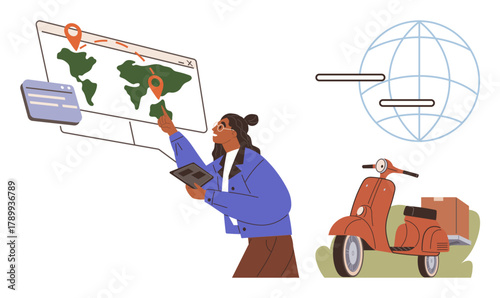 Professional using digital map with location pins, tablet in hand, scooter for delivery, globe for logistics. Ideal for delivery, logistics, geography, e-commerce, globalization technology simple