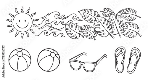 Hand drawn summer beach icon collection in a black and white outline style. Set of doodle elements including sun, waves, tropical leaves, ball, sunglasses, and flip flops
