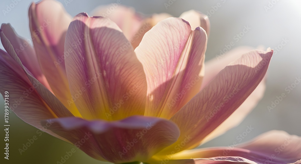 Fototapeta premium Close up of a pink tulip flower with soft petals and sunlight details