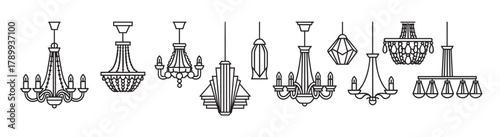 Collection of chandelier line icons for interior design concepts. Set of various classic and modern ceiling lamps and light fixtures in a minimal outline style