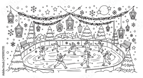 Happy children ice skating on an outdoor rink in a festive winter landscape. Christmas holiday scene with snowy trees and lanterns for a kids coloring book page