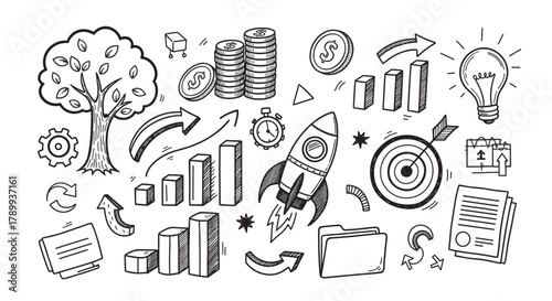 Hand drawn business doodle icon set for startup and growth concepts. Collection of sketch elements like a rocket, money, and charts for financial success and innovation ideas