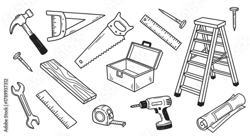 Hand drawn construction tools set for home improvement projects. Carpentry and repair equipment collection including hammer, saw, drill and ladder in a simple doodle style
