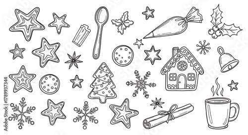 Christmas doodle set with gingerbread cookies, hot drink and winter spices. Hand drawn black and white line art collection for holiday baking and seasonal decoration