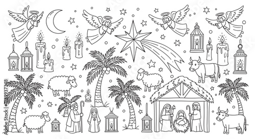 Christmas nativity scene elements in a simple line art style. Features the holy family, star of bethlehem, angels, and animals. A cute doodle set for coloring pages or holiday design