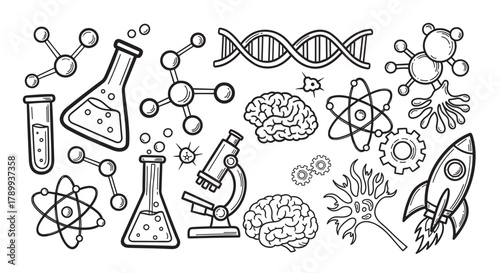 Collection of hand drawn science icons for education and research. Doodle style elements include dna, molecule, atom, and microscope for biology and chemistry concepts