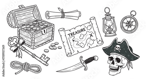 Hand drawn set of pirate treasure icons for adventure and fantasy themes. Vintage collection of elements like a chest, map, skull, compass, key, and sword isolated on white