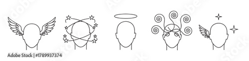Collection of line art icons representing various mental states and emotions. Symbols for dizziness, creativity, angelic thoughts, and inspiration on a human head silhouette