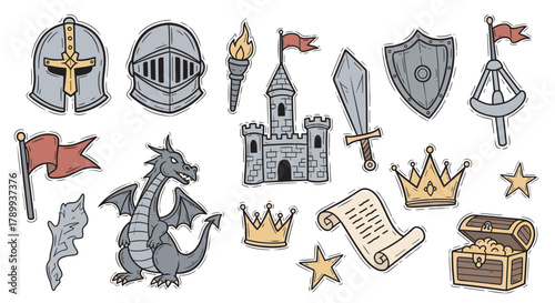 A collection of medieval fantasy icons in a hand drawn doodle style. Set includes a knight helmet, dragon, castle, sword, and treasure chest for fairy tale or rpg themes