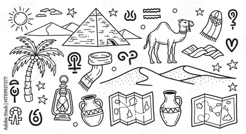 A hand drawn collection of ancient egypt and desert travel icons. This doodle set includes a pyramid, camel, palm tree, treasure map, and other adventure symbols