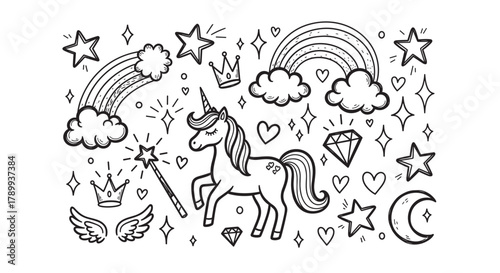 Cute unicorn and magic doodle elements collection in a hand drawn sketch style. Set of fantasy icons with rainbow, star, heart and crown for kids coloring or stickers