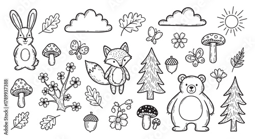 A collection of cute woodland animals and forest elements in a hand drawn doodle style. Set includes a bear, fox, rabbit, trees, mushrooms, and flowers for kids design