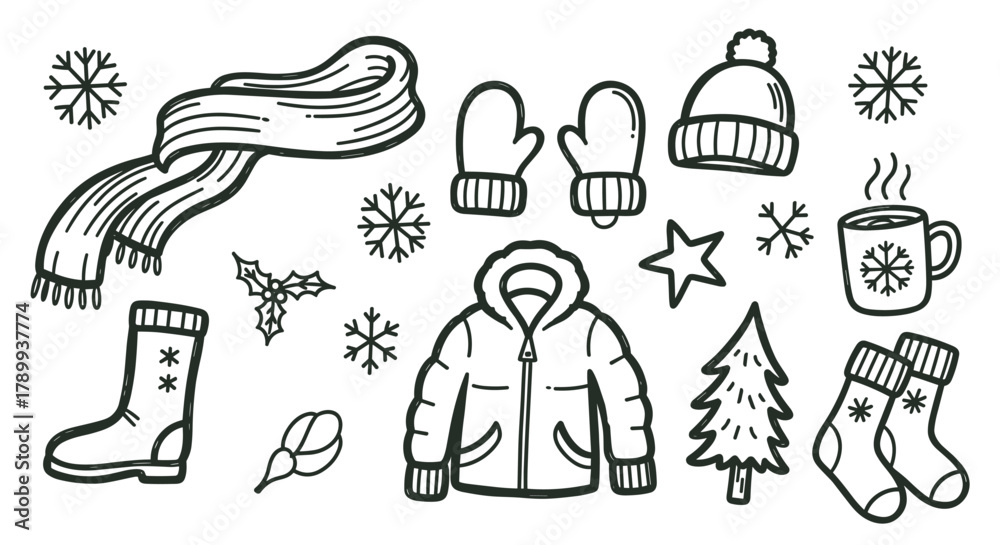 Fototapeta premium Hand drawn collection of winter clothing and cozy seasonal items. Christmas holiday doodle icon set with a scarf, jacket, mittens, and snowflakes for creative design