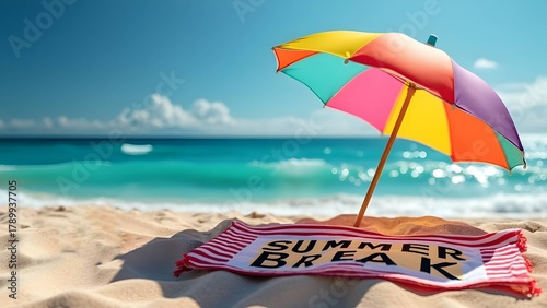 Colorful Beach Umbrella and Towel with Summer Break Text on Sandy Shore for Vacation and Travel Themes