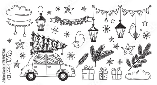Christmas doodle set with hand drawn winter holiday elements. Festive collection includes a car carrying a tree, presents, stars, and lanterns. Black and white line art icons