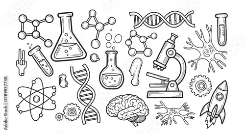 A set of science and technology symbols in a hand drawn sketch style. Doodle icons of biology, chemistry, and physics for educational or research projects and presentations