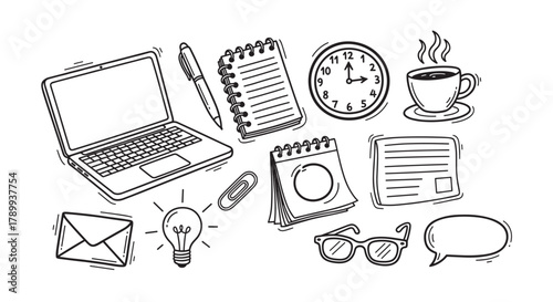 Doodle set of business and office work elements in a hand drawn sketch style. Collection of icons like laptop, clock, coffee and lightbulb for creative startup projects