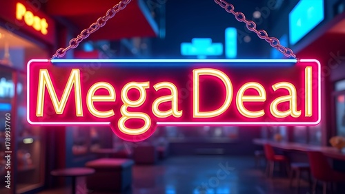 Mega deal sale advertising sign glowing brightly in vibrant pink blue neon light at shopping center. Concept for great price and limited time offer.