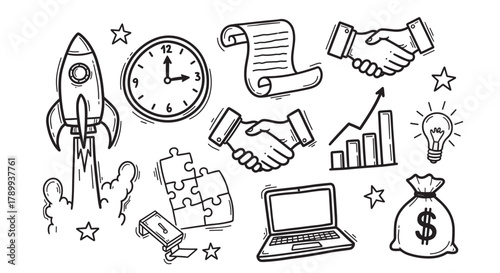 Business startup doodle icon collection with hand drawn elements for success and growth. Set includes rocket, handshake, money bag, puzzle and lightbulb for innovation concepts