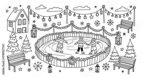 Happy children ice skating on an outdoor rink during winter holidays. Hand drawn doodle scene for a christmas coloring book page or seasonal activity for kids